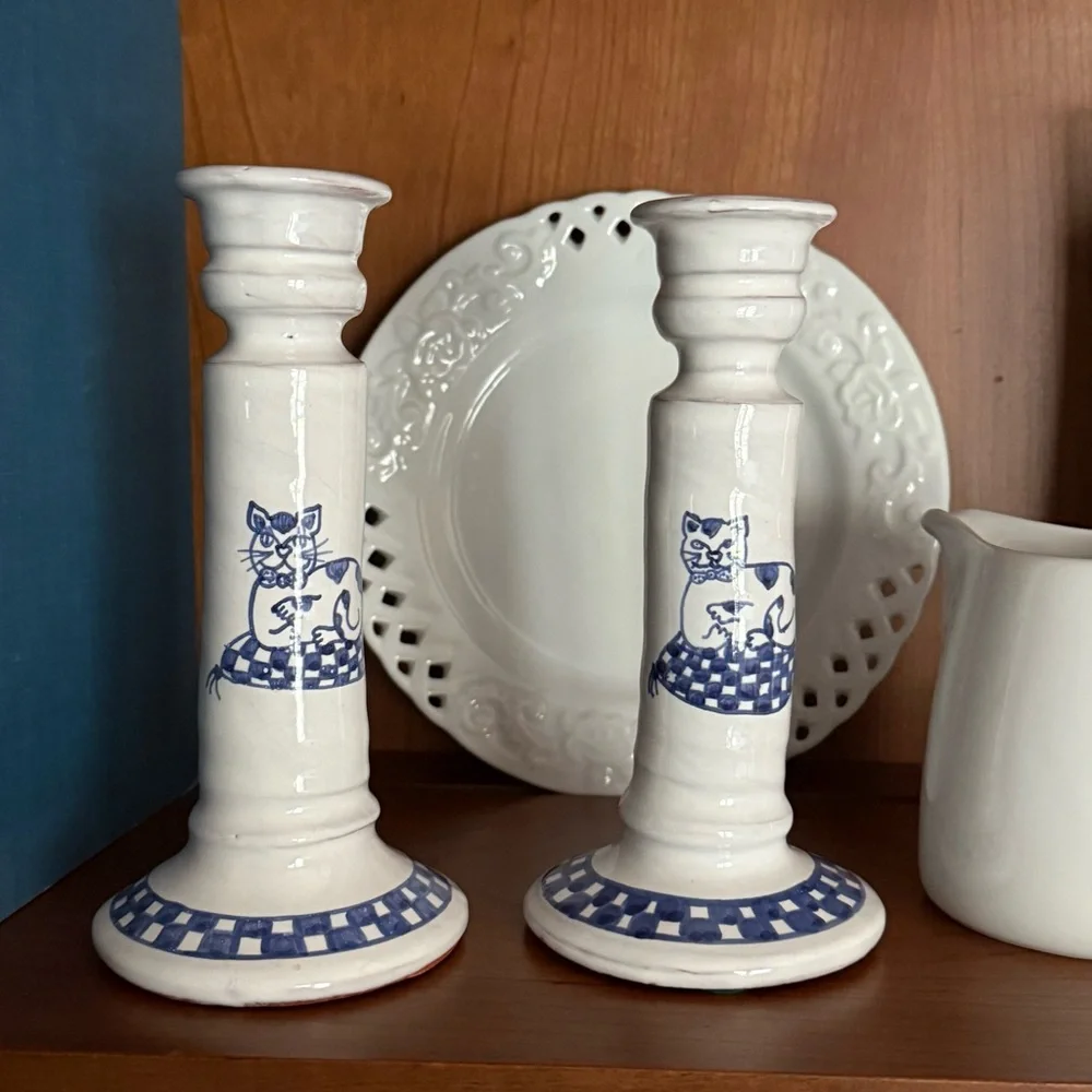 Vintage Blue & White Handpainted Pottery Candlesticks (Set of 2) Cat Checkers